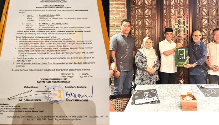 Pilkada Sulteng 2024: Anwar Hafid-Reny Lamadjido Terima Rekomendasi PBB-Hanura, Perindo Beralih dari Rusdy Mastura?