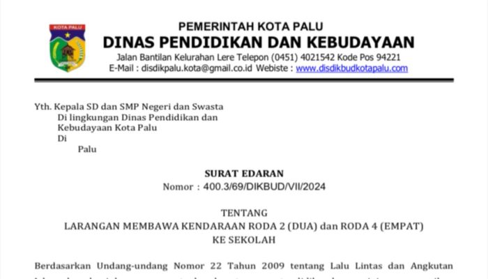 Disdikbud Kota Palu Keluarkan Surat Edaran Larangan Siswa Bawa Kendaraan ke Sekolah