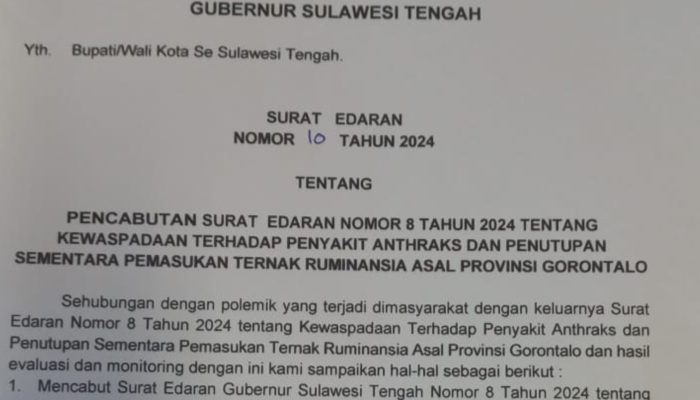 Gubernur Sulteng Cabut Surat Edaran Penutupan Akses Pemasok Hewan Ternak dari Gorontalo Buntut Penyakit Anthraks, Begini Respon Pemerintah Gorontalo