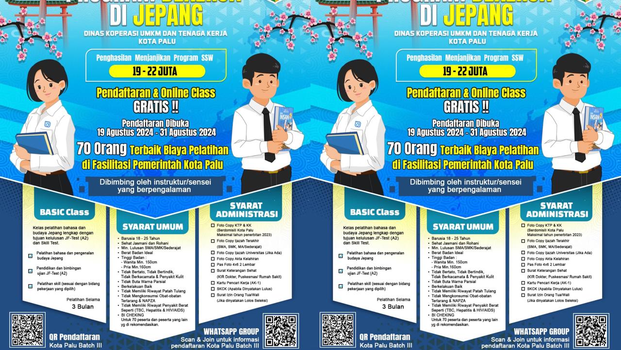 Pemerintah Kota Palu Buka Pendaftaran Program Bekerja di Jepang Melalui SSW Batch III, Penghasilan Menjanjikan hingga Rp 22 Juta