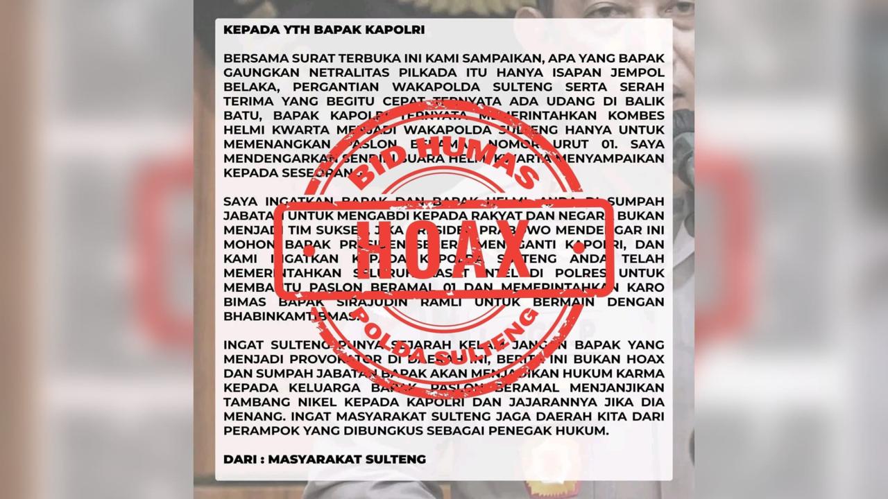 Polda Sulteng Komitmen Jaga Netralitas di Pilkada 2024, Tudingan Pergantian Wakapolda untuk Paslon BERAMAL Hoaks