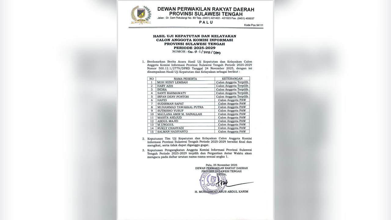 DPRD Sulteng Serahkan Hasil Fit and Proper Test Calon Anggota Komisi Informasi 2025–2029